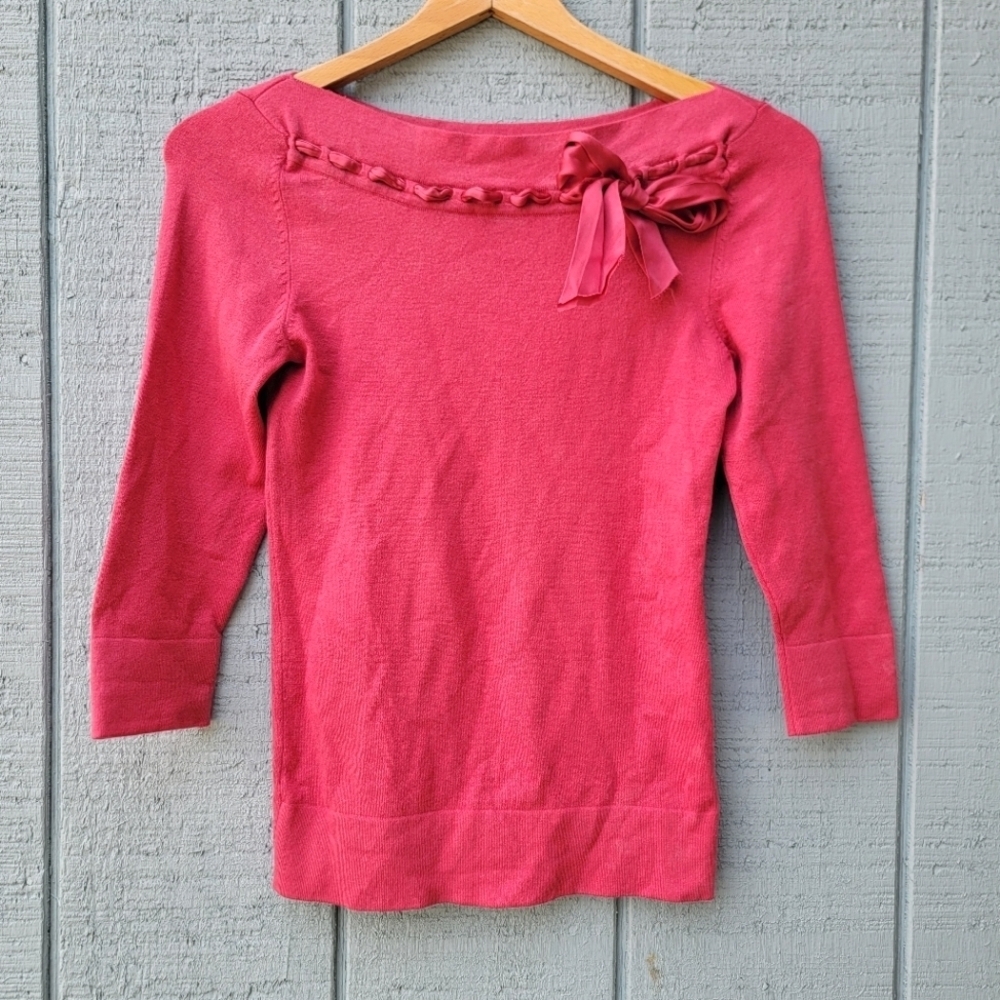 y2k Express Silk Wool Coquette Boat Ribbon Bow Neckline Sweater size S Pink